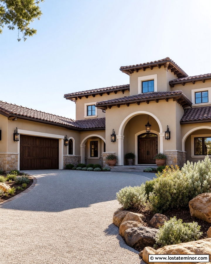 Alpaca House With Dark Bronze Lanterns - 30 Greige House Design With Light Fixtures Ideas