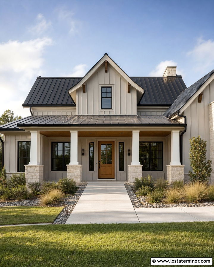 Alpaca Modern Farmhouse With Stone Porch Columns - 30 Taupe House Design With Porch Columns Ideas