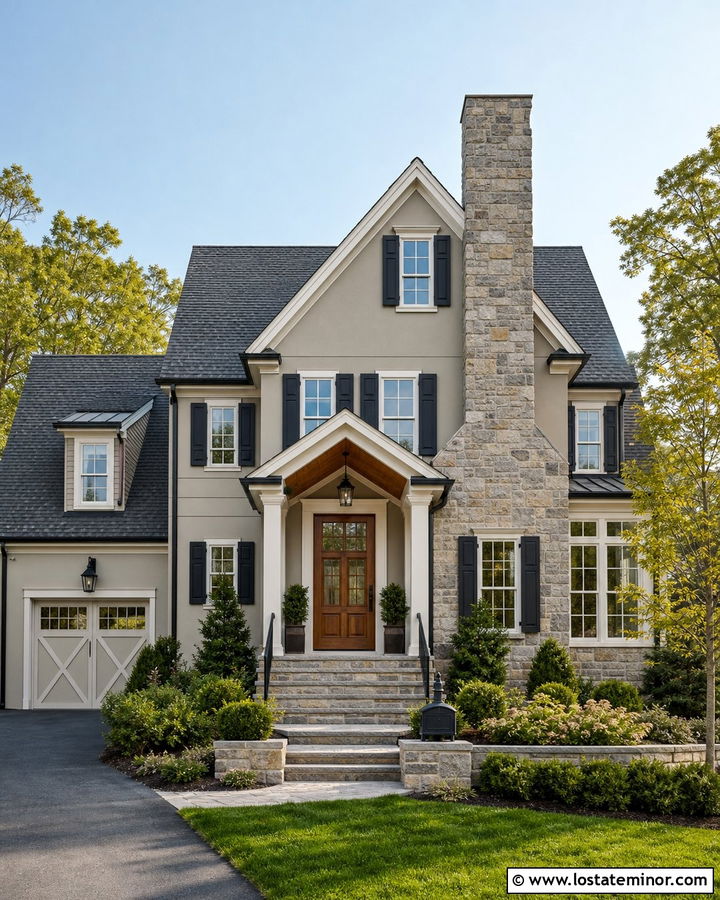 Amazing Gray House With Gray Stone Chimney - 30 Greige House Design With Stone Accents Ideas