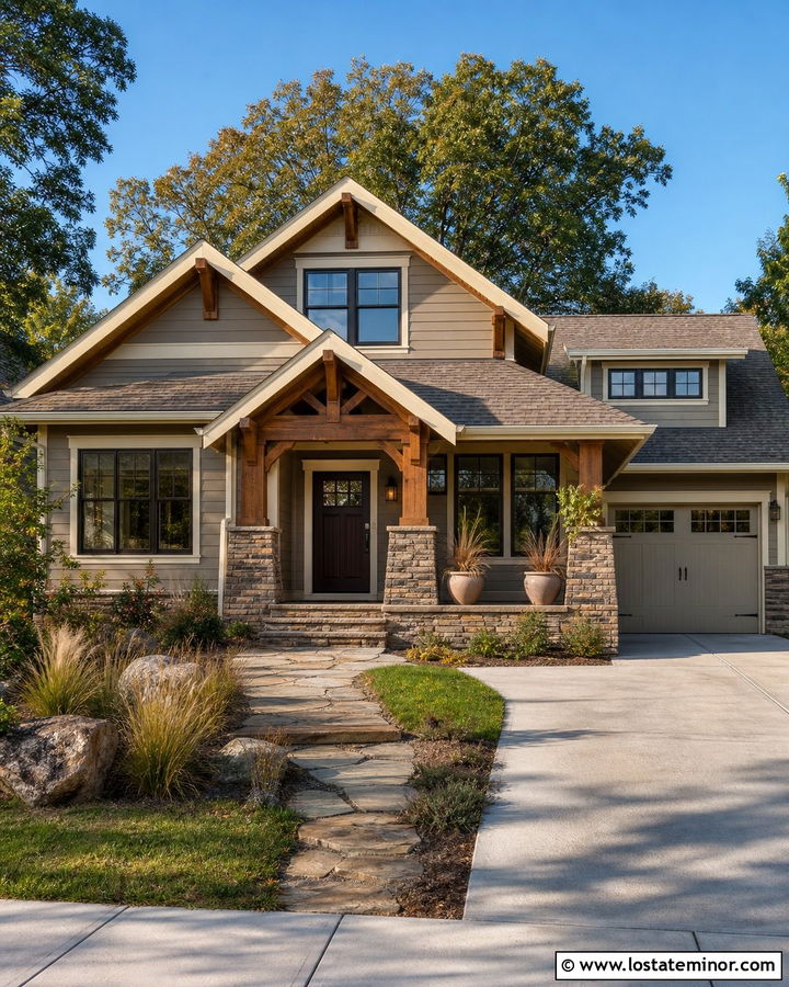 Anew Gray House With Rustic Stone Columns - 30 Greige House Design With Stone Accents Ideas