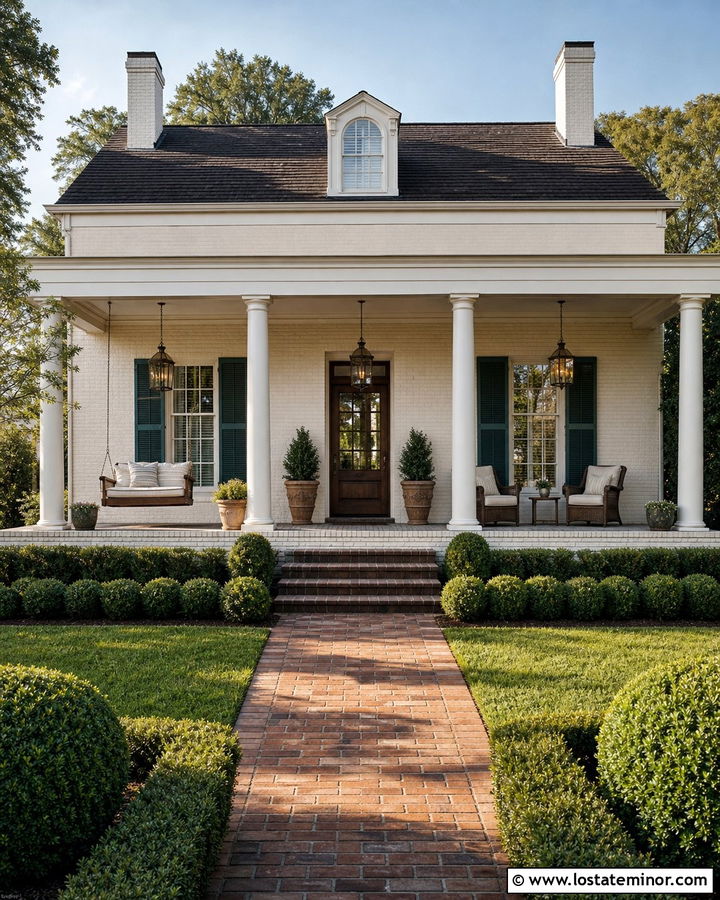 Antique White Brick House With Deep Porch - 30 Warm White House Design With Front Porch Ideas