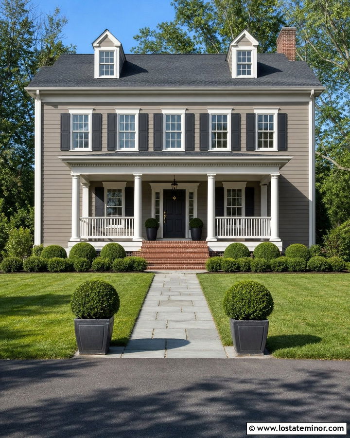 Ashley Gray Colonial With Paneled Porch Columns - 30 Taupe House Design With Porch Columns Ideas