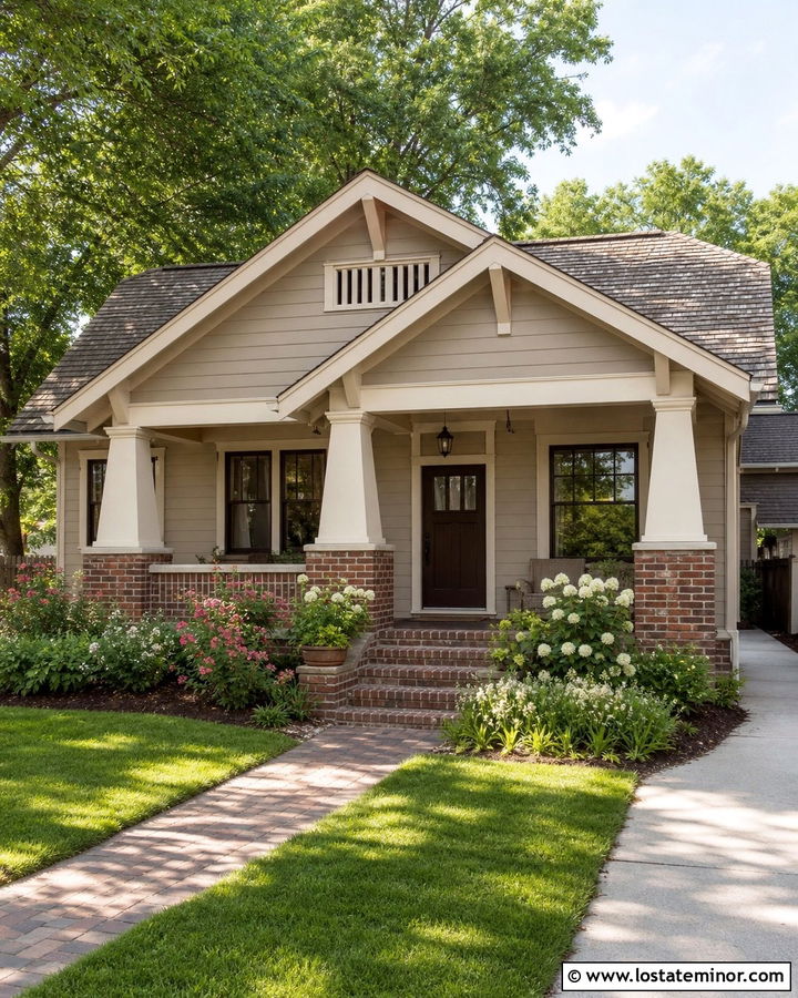 Balanced Beige Bungalow With Brick Porch Column Bases - 30 Taupe House Design With Porch Columns Ideas