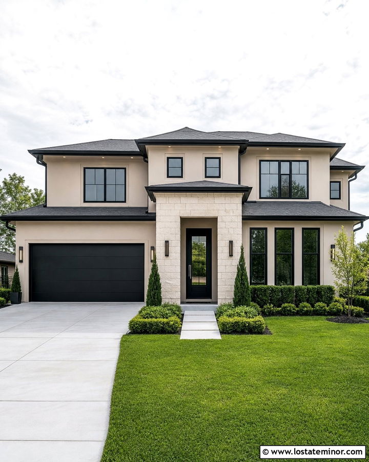 Balanced Beige House With Black Garage Door - 30 Beige House Design With Garage Door Ideas