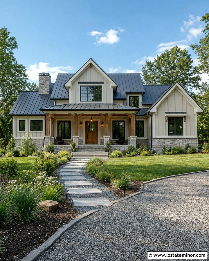 Balanced Beige House With Cedar Beam Ceiling - 30 Beige House Design With Porch Ceiling Ideas