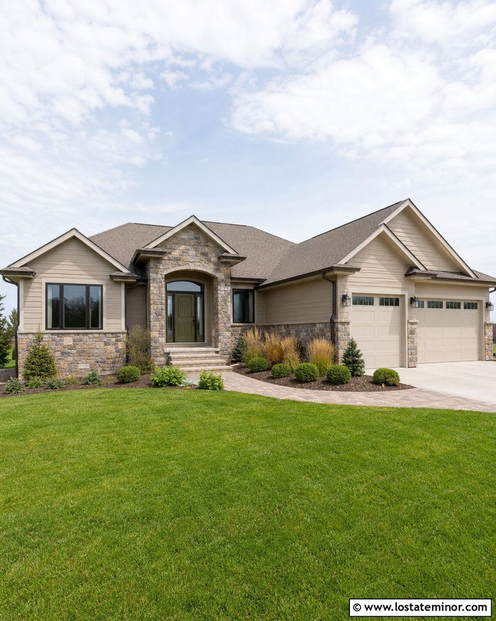 Balanced Beige Ranch With Mixed Fieldstone - 30 Beige House Design With Stone Accents Ideas