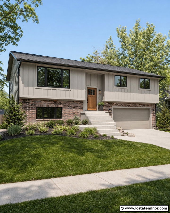 Balanced Greige Split Level With Mixed Brick - 30 Greige House Design With Brick Accents Ideas
