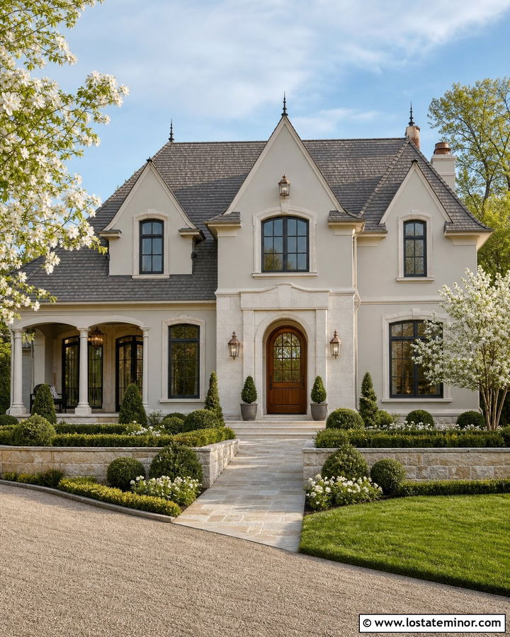 Balboa Mist House With White Limestone - 30 Greige House Design With Stone Accents Ideas