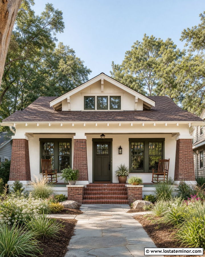 Ballet White Bungalow With Brick Columns - 30 Warm White House Design With Front Porch Ideas