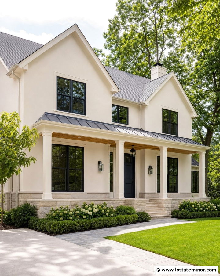 Ballet White House With White Oak Porch Ceiling - 30 Beige House Design With Porch Ceiling Ideas