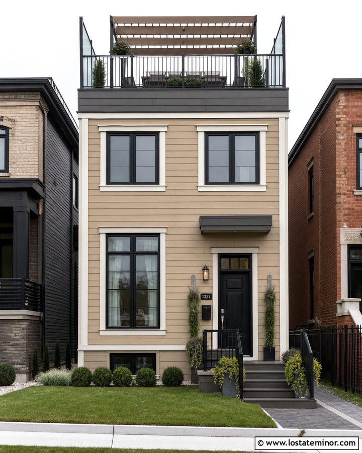 Basket Beige Townhouse With Rooftop Deck - 30 Beige House Design With Deck Ideas