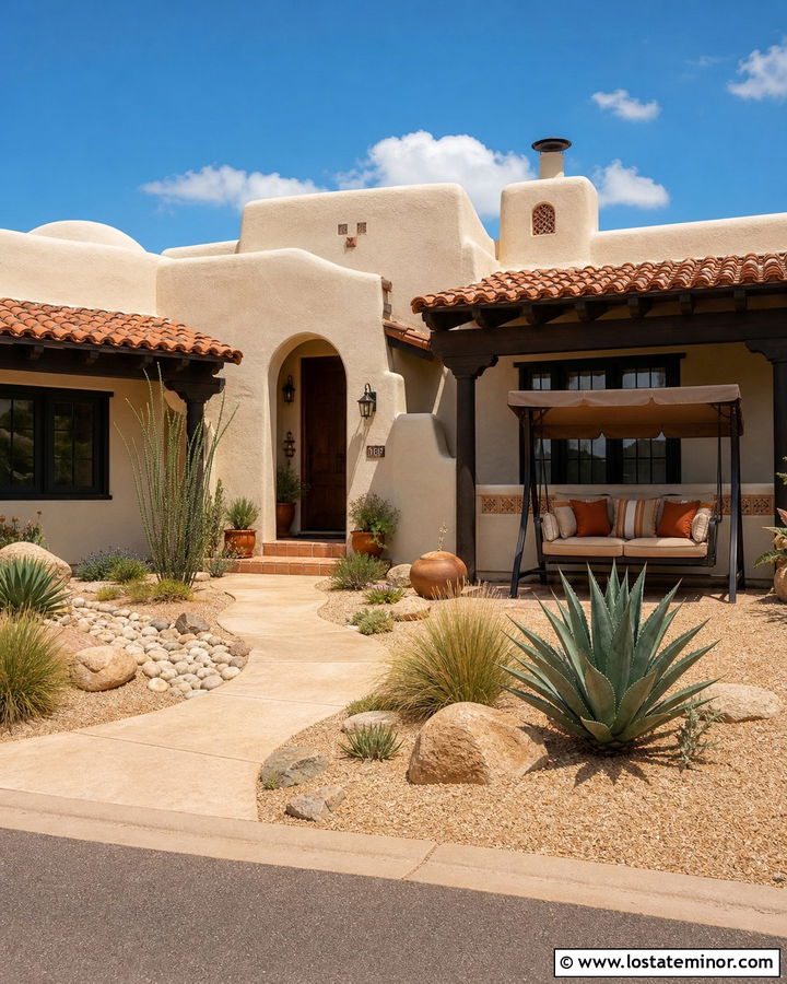 Beige Adobe House With Canopy Swing - 30 Beige House Design With Swing Ideas