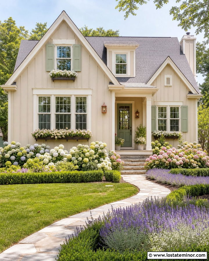 Beige Board And Batten Cottage With Sage Door - 30 Beige House Design With Board and Batten Ideas