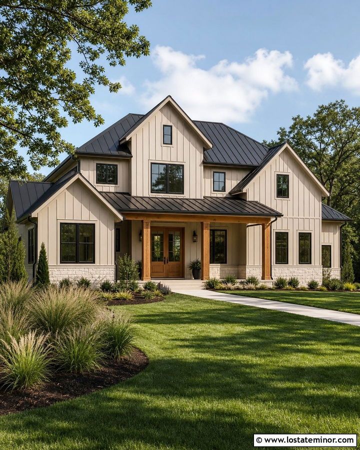 Beige Board And Batten Farmhouse With Black Roof - 30 Beige House Design With Board and Batten Ideas