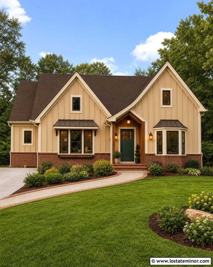 Beige Board And Batten House With Brick Base - 30 Beige House Design With Board and Batten Ideas
