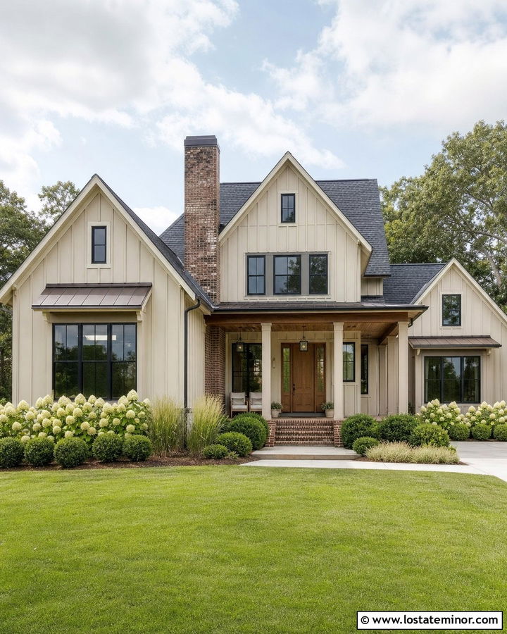 Beige Board And Batten House With Brick Chimney - 30 Beige House Design With Chimney Ideas