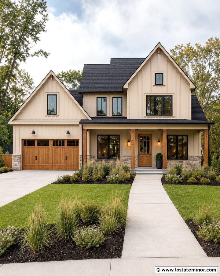 Beige Board And Batten House With Cedar Garage Doors - 30 Beige House Design With Board and Batten Ideas