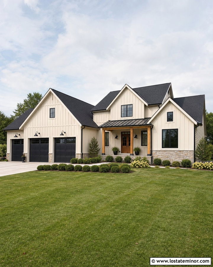 Beige Board And Batten House With Gooseneck Lights - 30 Beige House Design With Light Fixtures Ideas