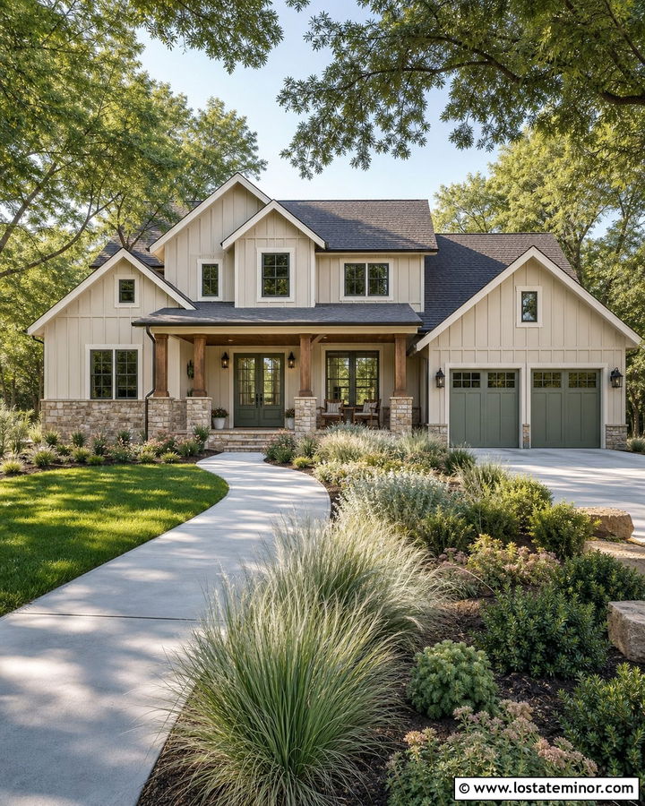 Beige Board And Batten House With Sage Accents - 30 Beige House Design With Board and Batten Ideas