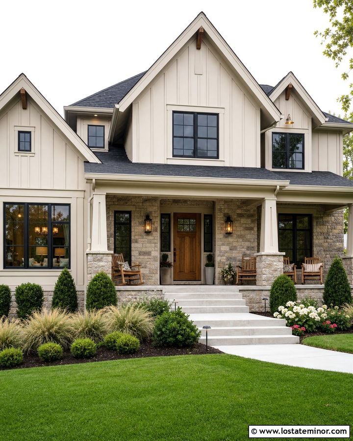 Beige Board And Batten House With Stone - 30 Beige House Design With Accents Ideas