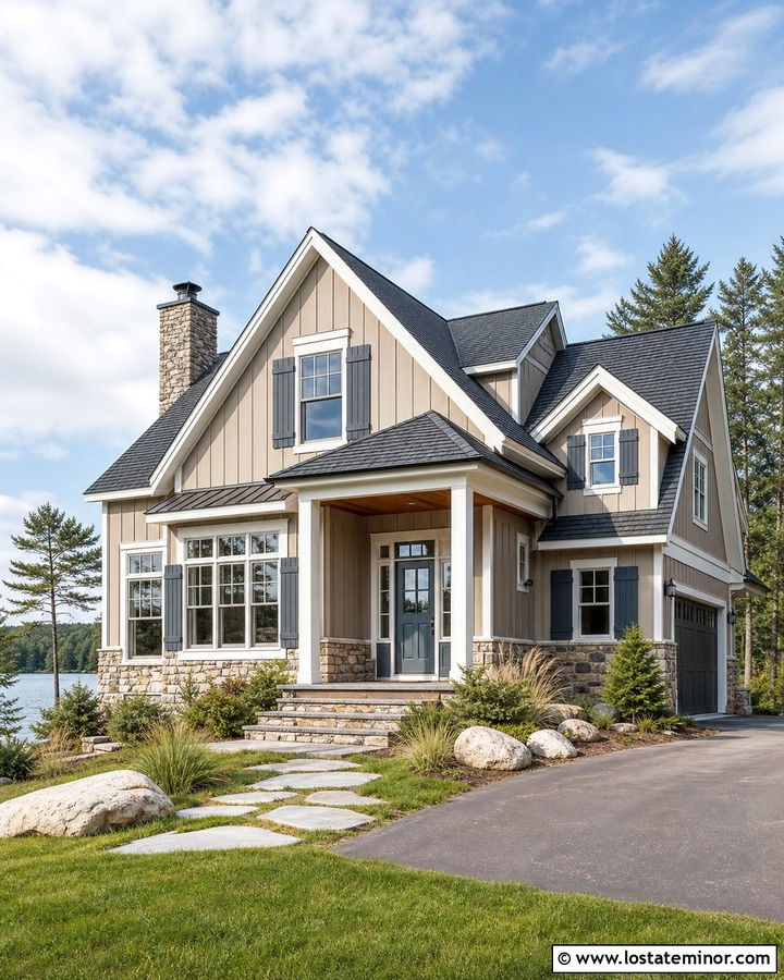 Beige Board And Batten Lake House With Gray Blue Accents - 30 Beige House Design With Board and Batten Ideas