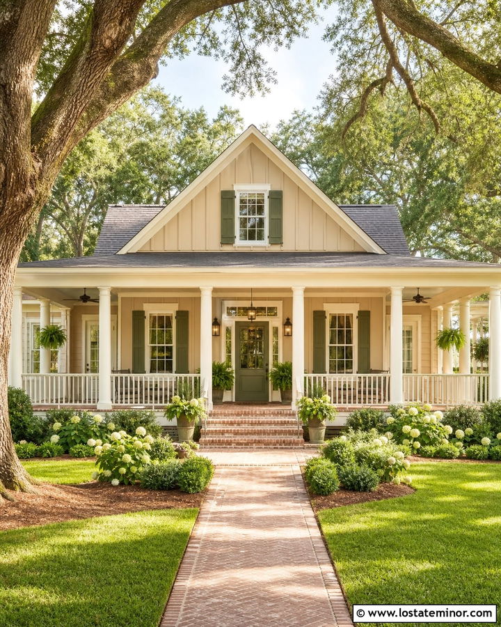 Beige Board And Batten Southern House With Green Shutters - 30 Beige House Design With Board and Batten Ideas