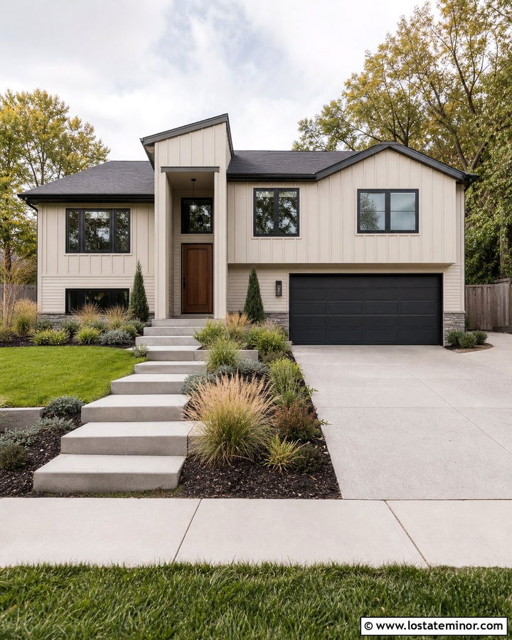 Beige Board And Batten Split Level With Charcoal Garage - 30 Beige House Design With Board and Batten Ideas