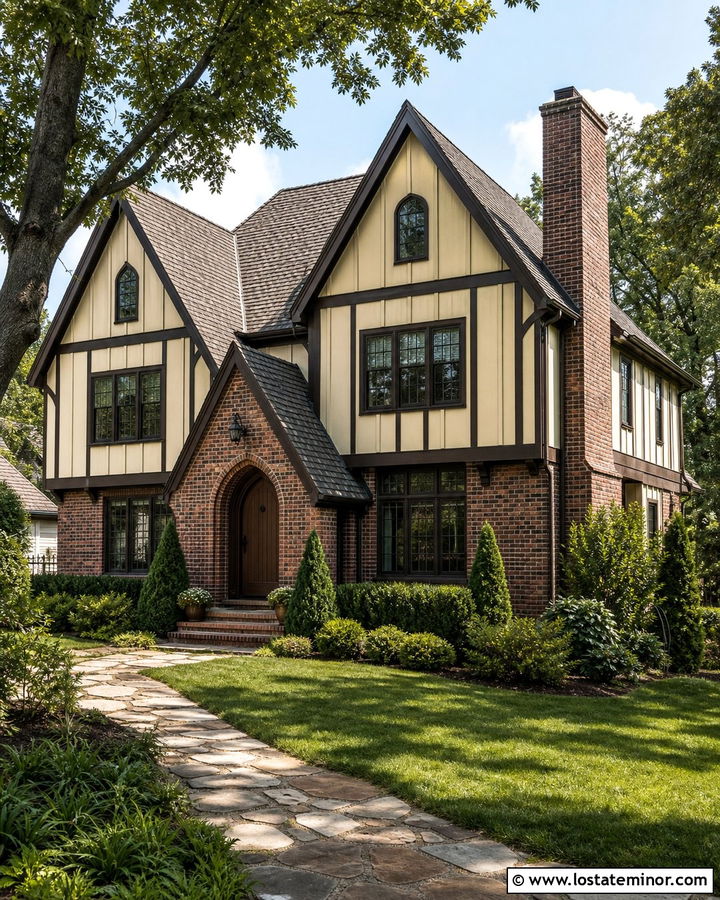 Beige Board And Batten Tudor With Brown Trim - 30 Beige House Design With Board and Batten Ideas