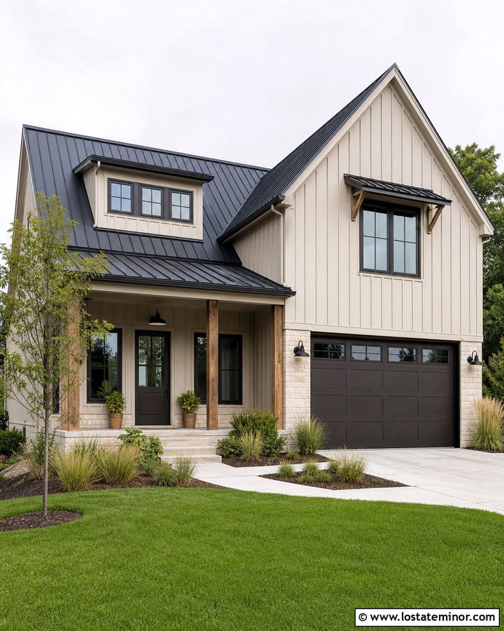 Beige Board And Batten With Dark Frames - 30 Beige House Design With Window Frames Ideas