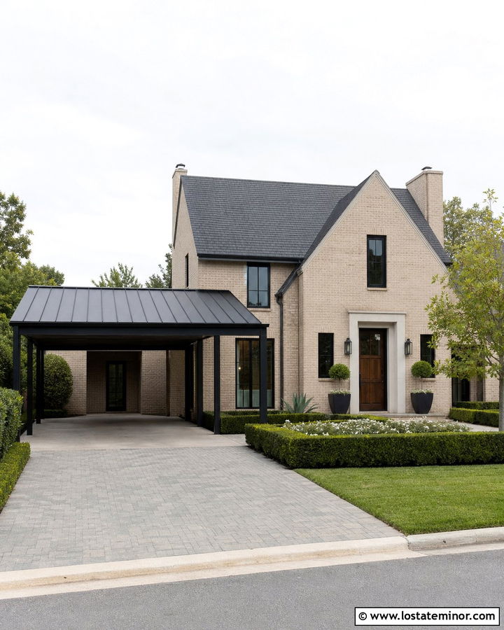 Beige Brick House With Black Carport - 30 Beige House Design With Carport Ideas