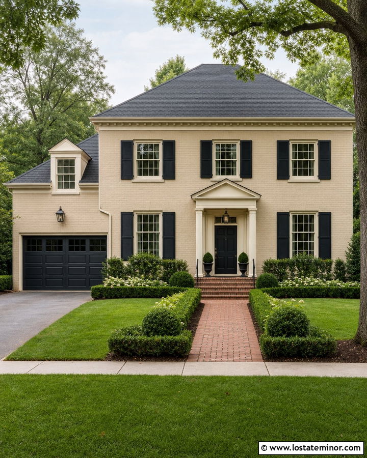 Beige Brick House With Black Carriage Garage Door - 30 Beige House Design With Garage Door Ideas