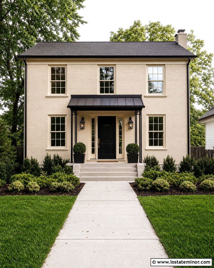 Beige Brick House With Black Metal Portico - 30 Beige House Design With Portico Ideas