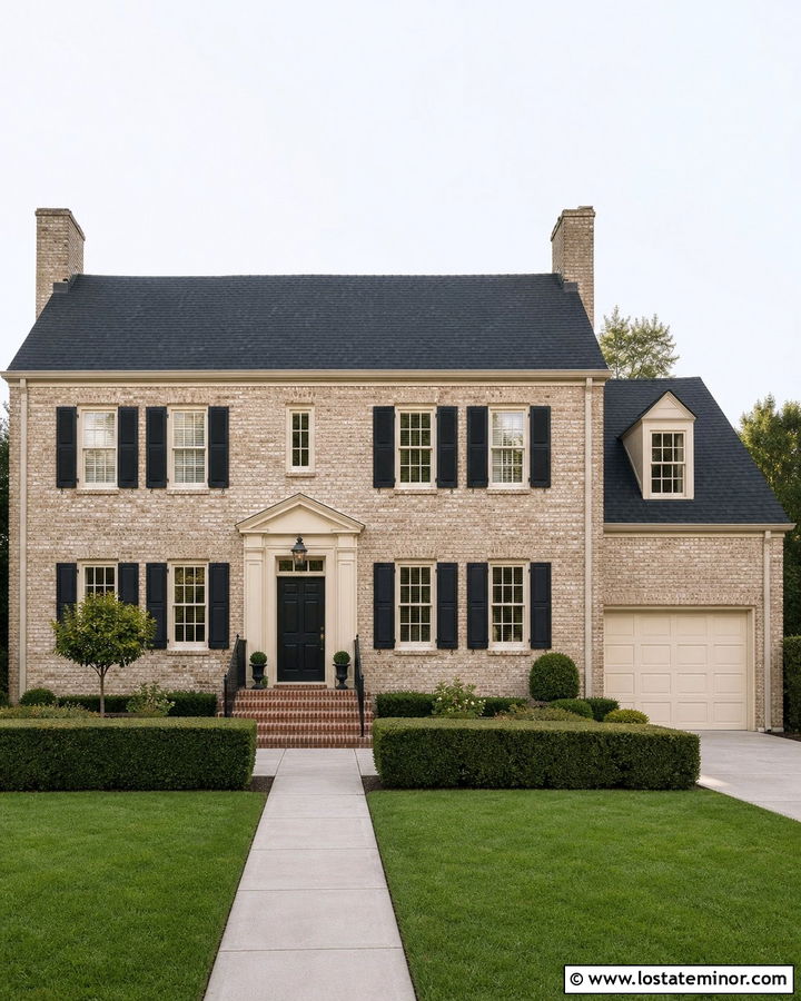 Beige Brick House With Black Shutters - 30 Beige House Design With Shutters Ideas