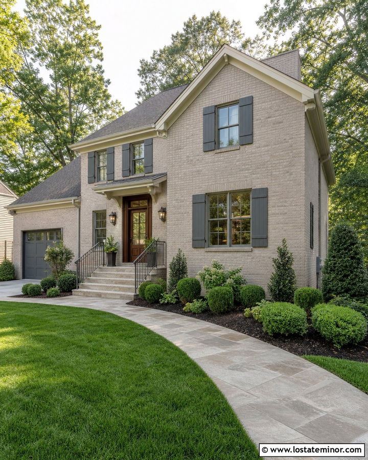 Beige Brick House With Black Step Railings - 30 Beige House Design With Railings Ideas