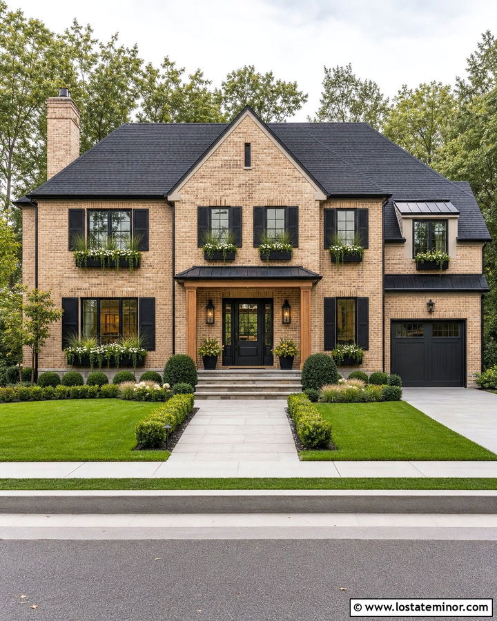 Beige Brick House With Black Window Boxes - 30 Beige House Design With Window Boxes Ideas