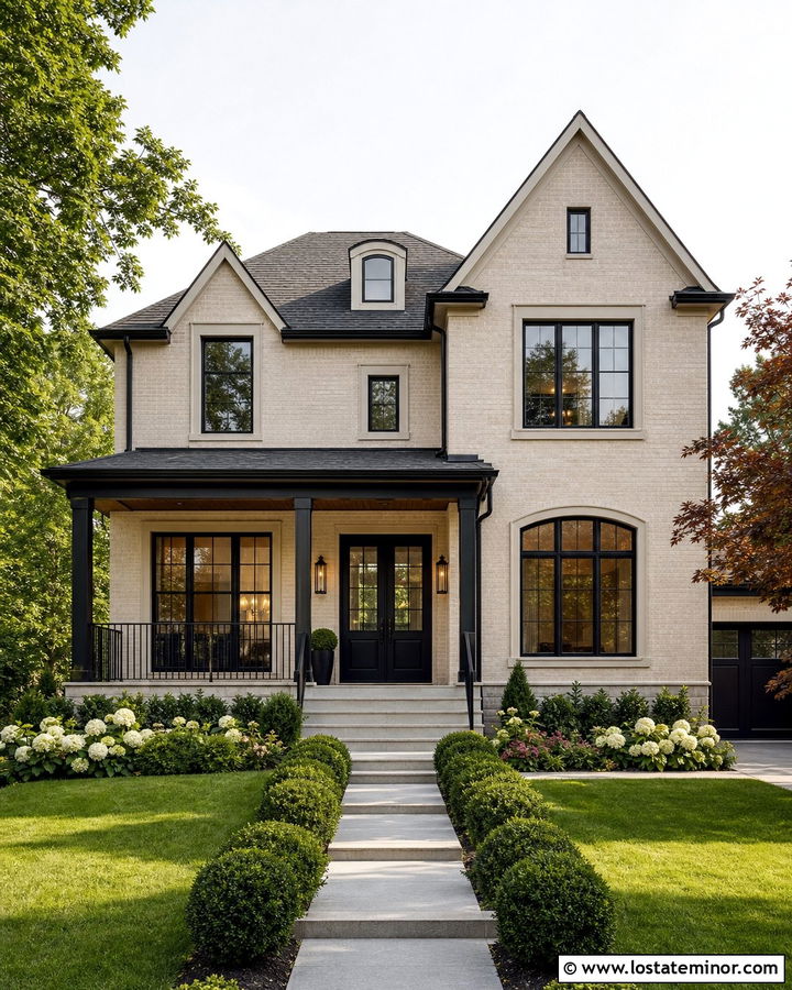 Beige Brick House With Black Window Frames - 30 Beige House Design With Window Frames Ideas