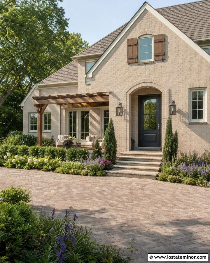 Beige Brick House With Cedar Pergola - 30 Beige House Design With Pergola Ideas