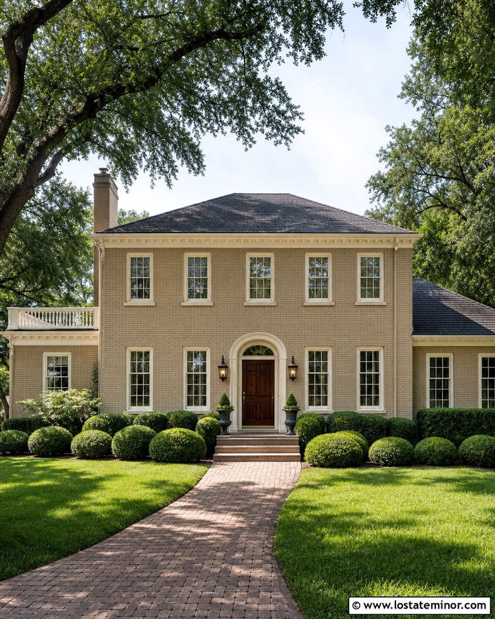 Beige Brick House With Dark Bronze Lights - 30 Beige House Design With Lighting Ideas