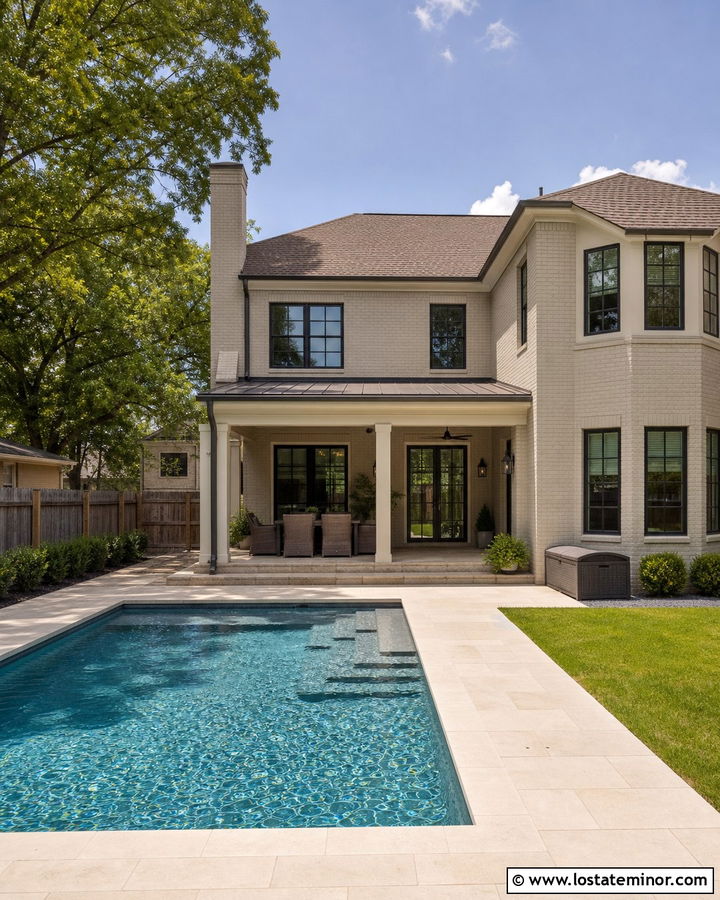Beige Brick House With Family Pool - 30 Beige House Design With Swimming Pool Ideas
