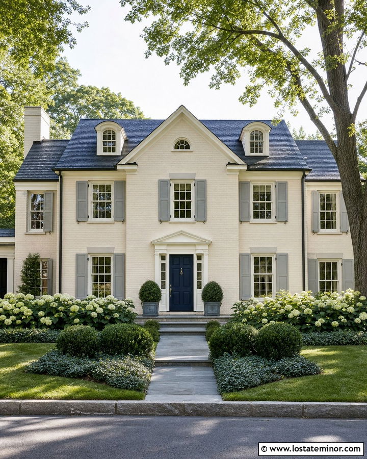 Beige Brick House With Hydrangea Border - 30 Beige House Design With Front Yard Ideas