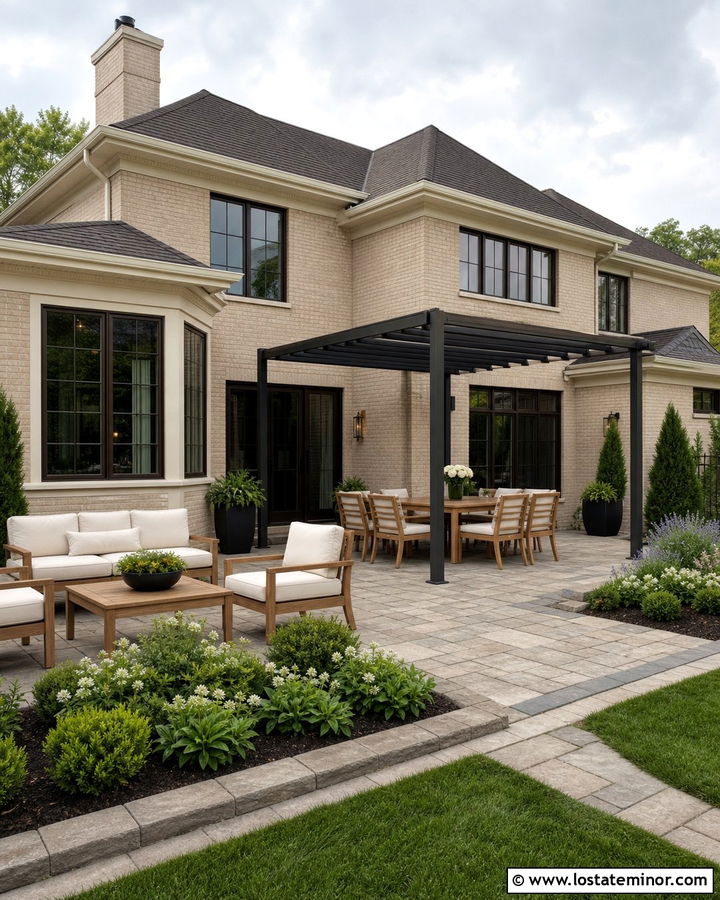Beige Brick House With Patio - 30 Beige House Design With Backyard Ideas