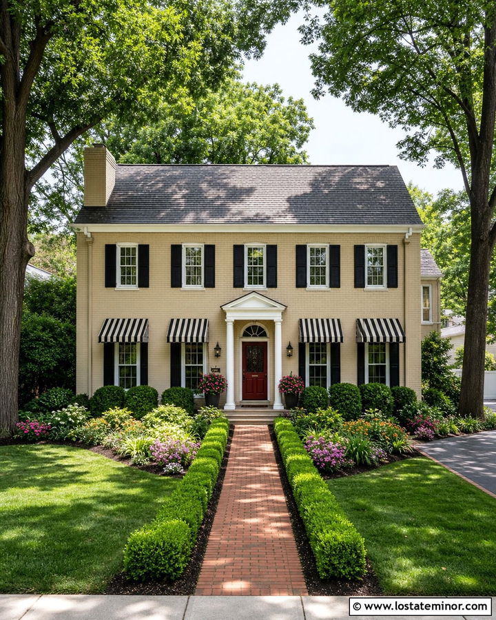 Beige Brick House With Striped Awnings - 30 Beige House Design With Awning Ideas
