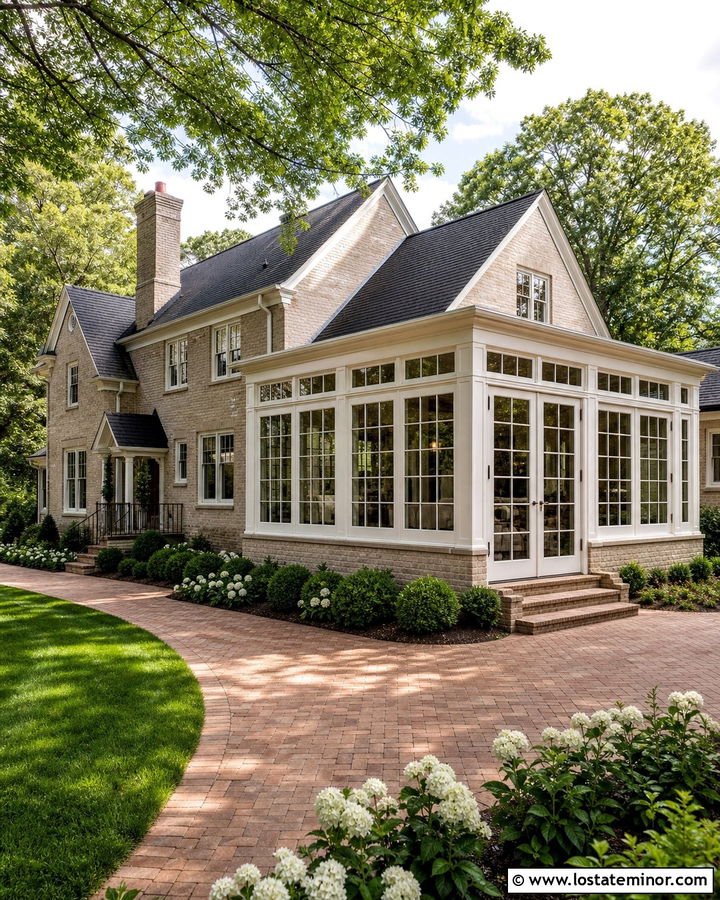 Beige Brick House With White Sunroom - 30 Beige House Design With Sunroom Ideas