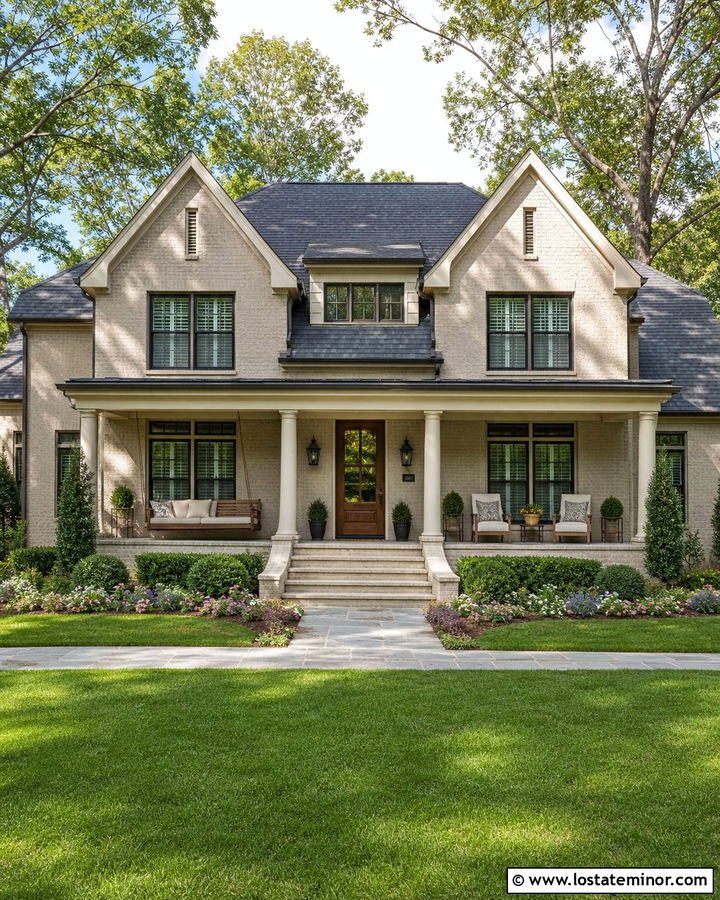 Beige Brick House With Wood Swing - 30 Beige House Design With Swing Ideas