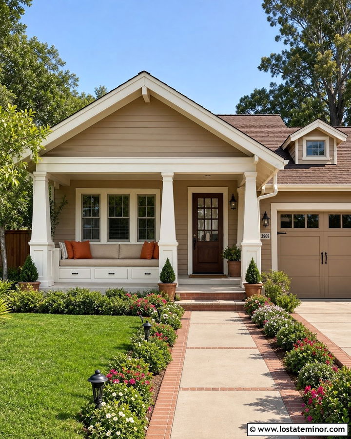 Beige Bungalow House With Built In Porch Daybed - 30 Beige House Design With Daybed Ideas