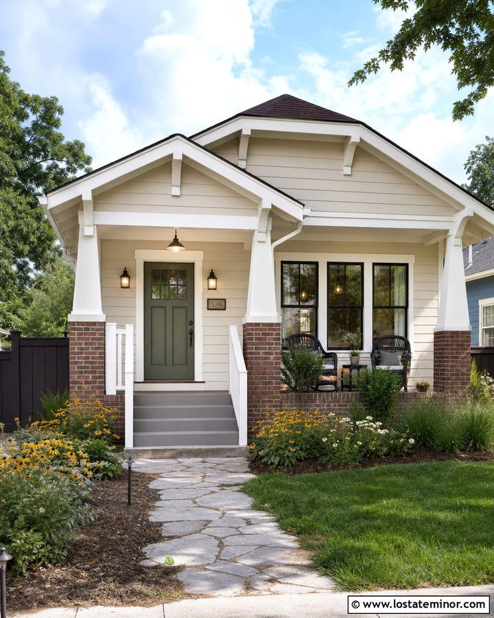 Beige Bungalow With A Schoolhouse Porch Pendant - 30 Beige House Design With Light Fixtures Ideas