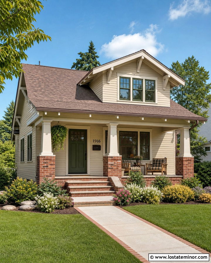 Beige Bungalow With Brick Column Bases - 30 Beige House Design With Porch Columns Ideas