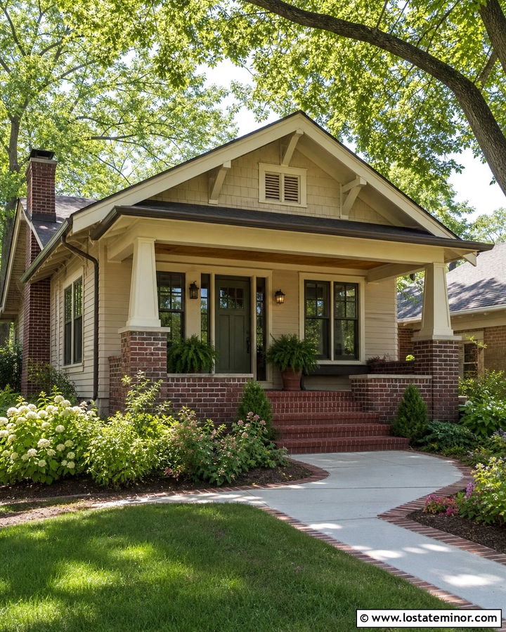 Beige Bungalow With Brick Porch Base - 30 Beige House Design With Brick Accents Ideas