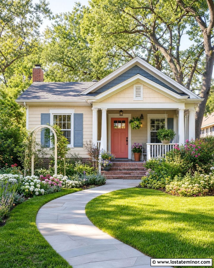 Beige Bungalow With Cottage Front Garden - 30 Beige House Design With Front Yard Ideas