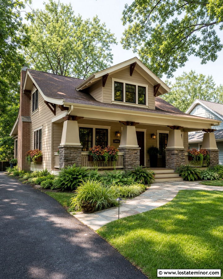 Beige Bungalow With Dark Brown Window Boxes - 30 Beige House Design With Window Boxes Ideas